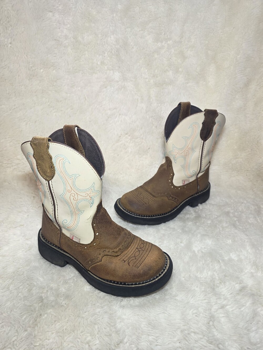 Justin Gypsy SC1002 Leather Cowboy Boots Size 5.5B Brown White Embroidered 5.5B